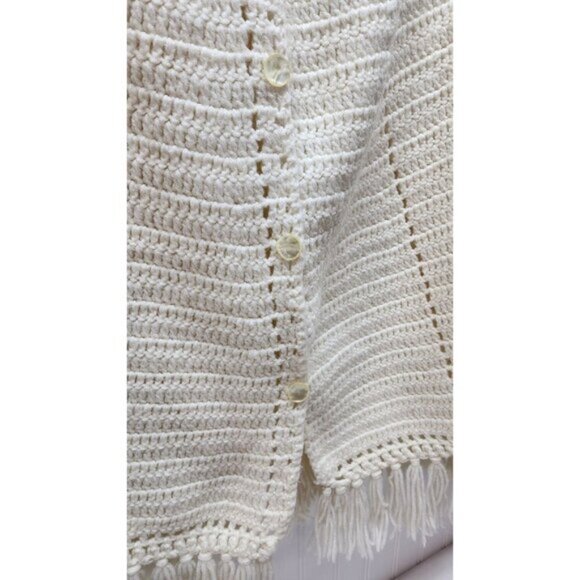 Handmade Wool Blend Crochet Cape With Fringe Trim & Button Closure - Picture 8 of 10